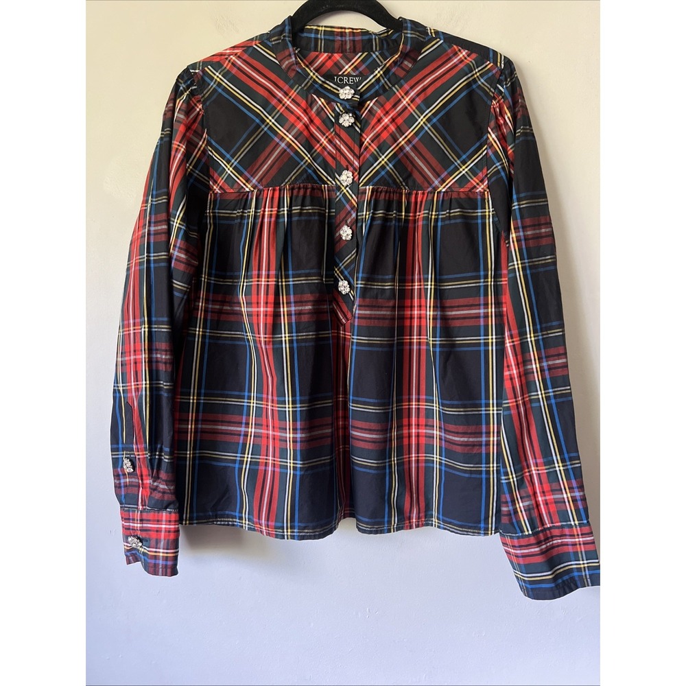 J. Crew Fresco Top Jewel Buttons Stewart Tartan Plaid Red XL Holiday Festive